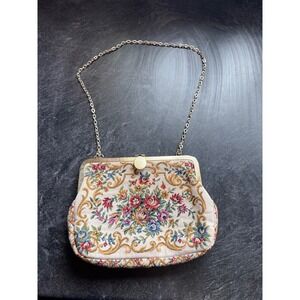 Vintage Floral Tapestry Clutch Purse with Gold Chain Frame Kiss Lock